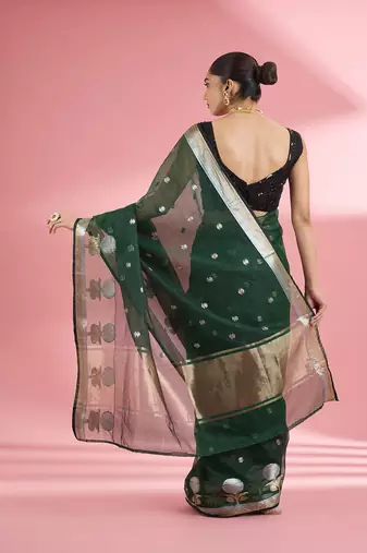 Dark green premium kota doria silk saree with zari work