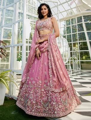 Pink Satin Heavy Embroidery Sequence work Lehenga Choli with Dupatta 1
