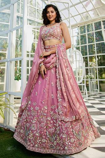 Pink Satin Heavy Embroidery Sequence work Lehenga Choli with Dupatta