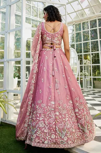Pink Satin Heavy Embroidery Sequence work Lehenga Choli with Dupatta