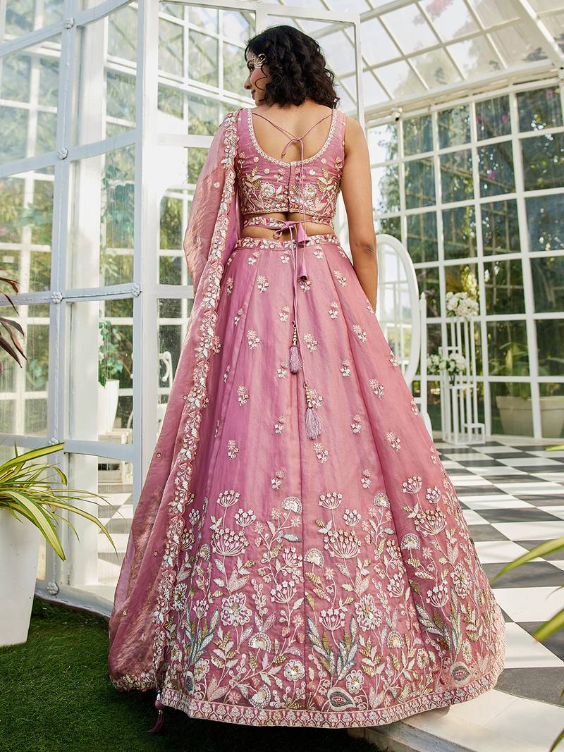 Pink Satin Heavy Embroidery Sequence work Lehenga Choli with Dupatta