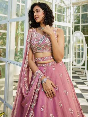 Pink Satin Heavy Embroidery Sequence work Lehenga Choli with Dupatta 3