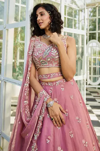 Pink Satin Heavy Embroidery Sequence work Lehenga Choli with Dupatta