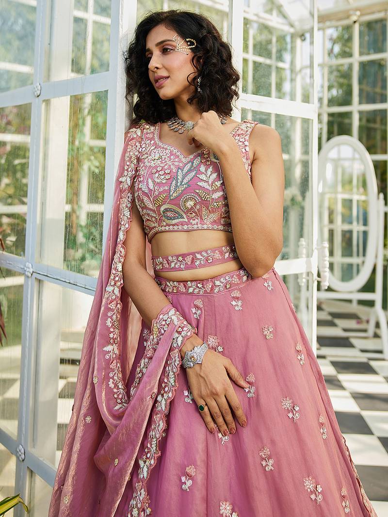 Pink Satin Heavy Embroidery Sequence work Lehenga Choli with Dupatta