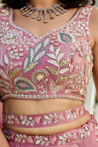 Pink Satin Heavy Embroidery Sequence work Lehenga Choli with Dupatta
