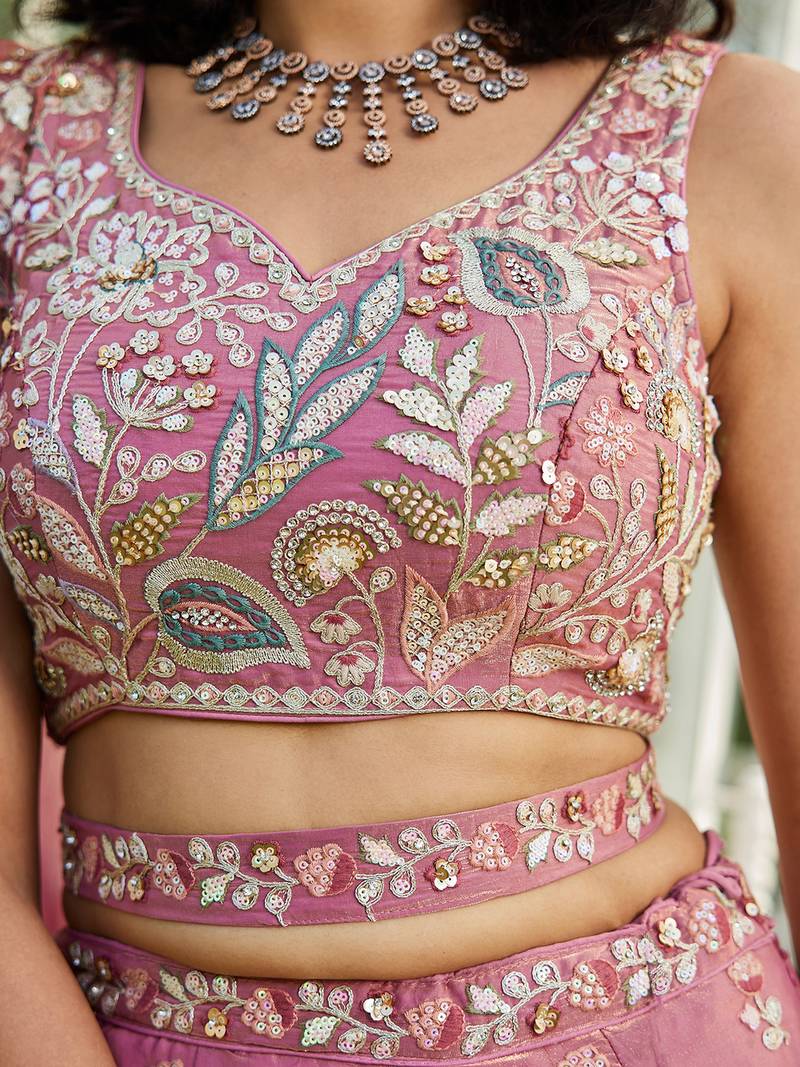 Pink Satin Heavy Embroidery Sequence work Lehenga Choli with Dupatta