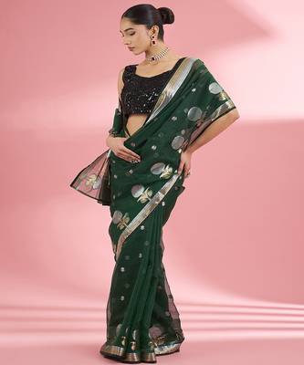 Dark green premium kota doria silk saree with zari work 3