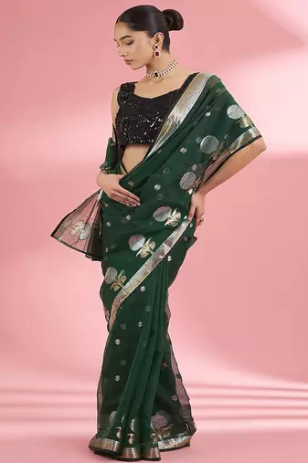 Dark green premium kota doria silk saree with zari work