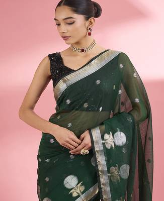 Dark green premium kota doria silk saree with zari work 4