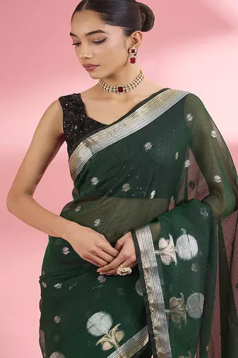 Dark green premium kota doria silk saree with zari work