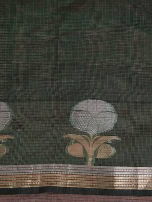 Dark green premium kota doria silk saree with zari work 5