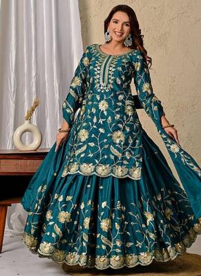 green heavy chinon silk party wear embroidered suit set 1