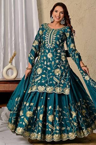 green heavy chinon silk party wear embroidered suit set
