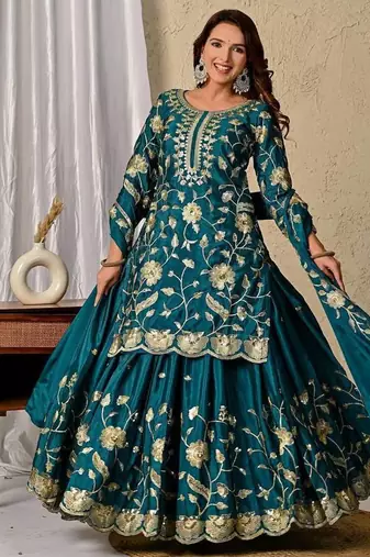 Green heavy chinon silk party wear embroidery suit set