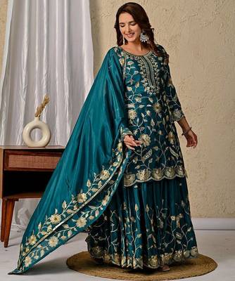 green heavy chinon silk party wear embroidered suit set 2