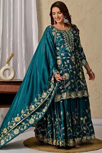 Green heavy chinon silk party wear embroidery suit set