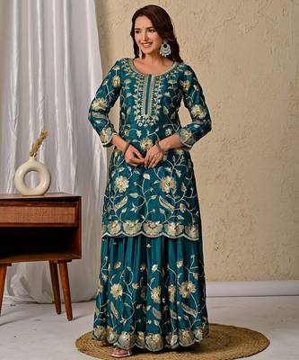 green heavy chinon silk party wear embroidered suit set 3