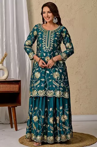 Green heavy chinon silk party wear embroidery suit set