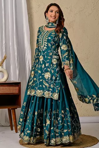 Green heavy chinon silk party wear embroidery suit set