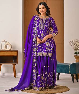 purple heavy chinon silk party wear embroidered suit set 1