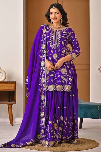 purple heavy chinon silk party wear embroidered suit set