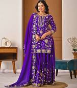 Purple heavy chinon silk party wear embroidery suit set