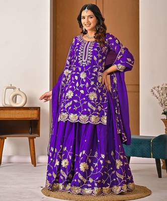 purple heavy chinon silk party wear embroidered suit set 2