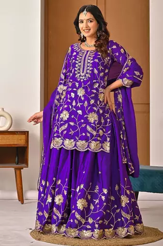 Purple heavy chinon silk party wear embroidery suit set