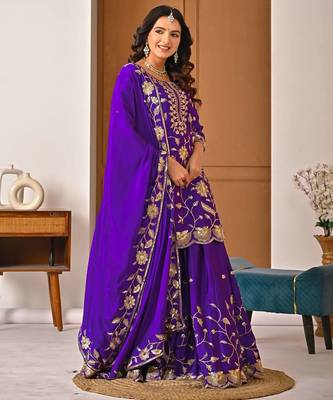 purple heavy chinon silk party wear embroidered suit set 3