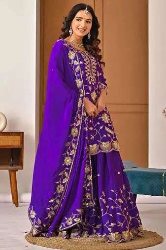 Purple heavy chinon silk party wear embroidery suit set