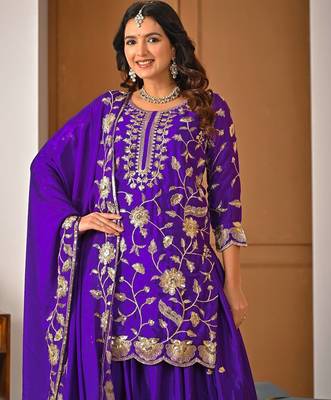 purple heavy chinon silk party wear embroidered suit set 4
