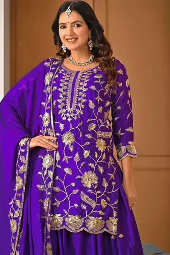 Purple heavy chinon silk party wear embroidery suit set