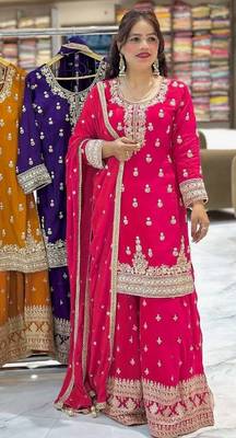 pink chinon silk party wear embroidered sharara suit set 1
