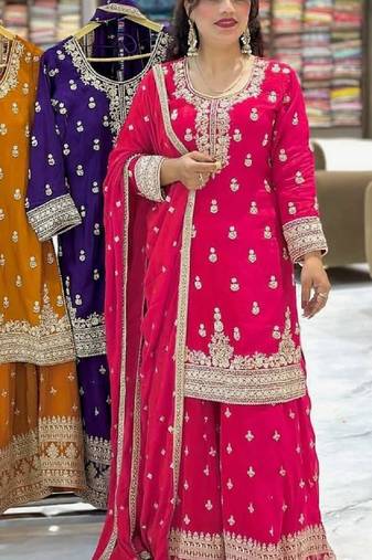 pink chinon silk party wear embroidered sharara suit set