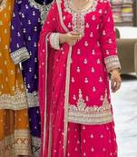 Pink chinon silk party wear embroidery sharara suit set