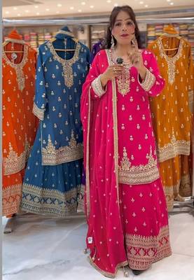 pink chinon silk party wear embroidered sharara suit set 2