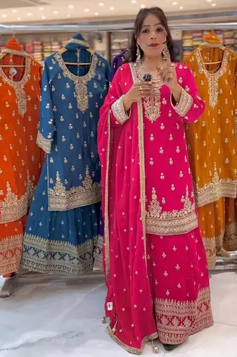 Pink chinon silk party wear embroidery sharara suit set