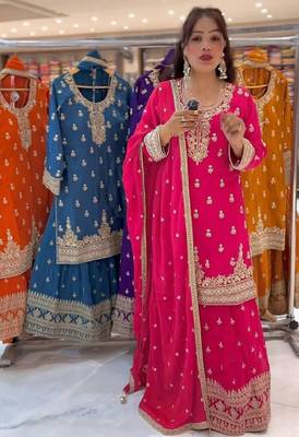 pink chinon silk party wear embroidered sharara suit set 3