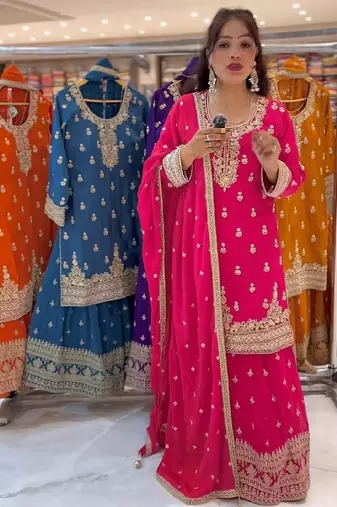 Pink chinon silk party wear embroidery sharara suit set