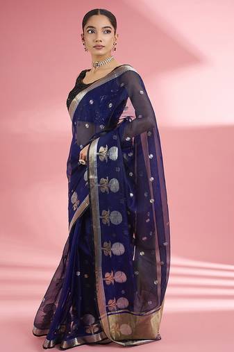 Dark blue premium kota doria silk saree with zari work