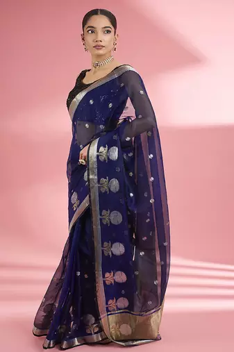 Dark blue premium kota doria silk saree with zari work
