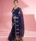 Dark blue premium kota doria silk saree with zari work