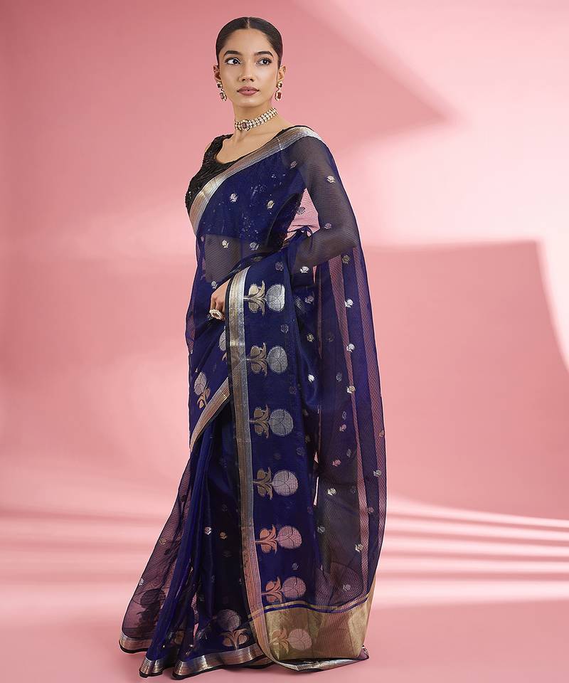 Dark blue premium kota doria silk saree with zari work