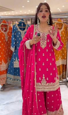 pink chinon silk party wear embroidered sharara suit set 4