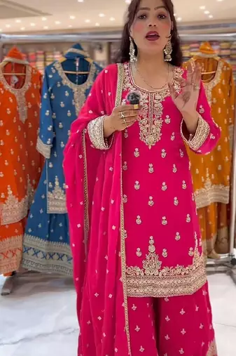 Pink chinon silk party wear embroidery sharara suit set