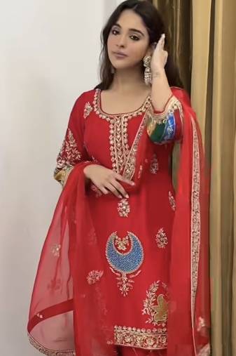 red natural crepe silk party wear embroidered suit set