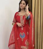 Red natural crep silk party wear embroidery suit set
