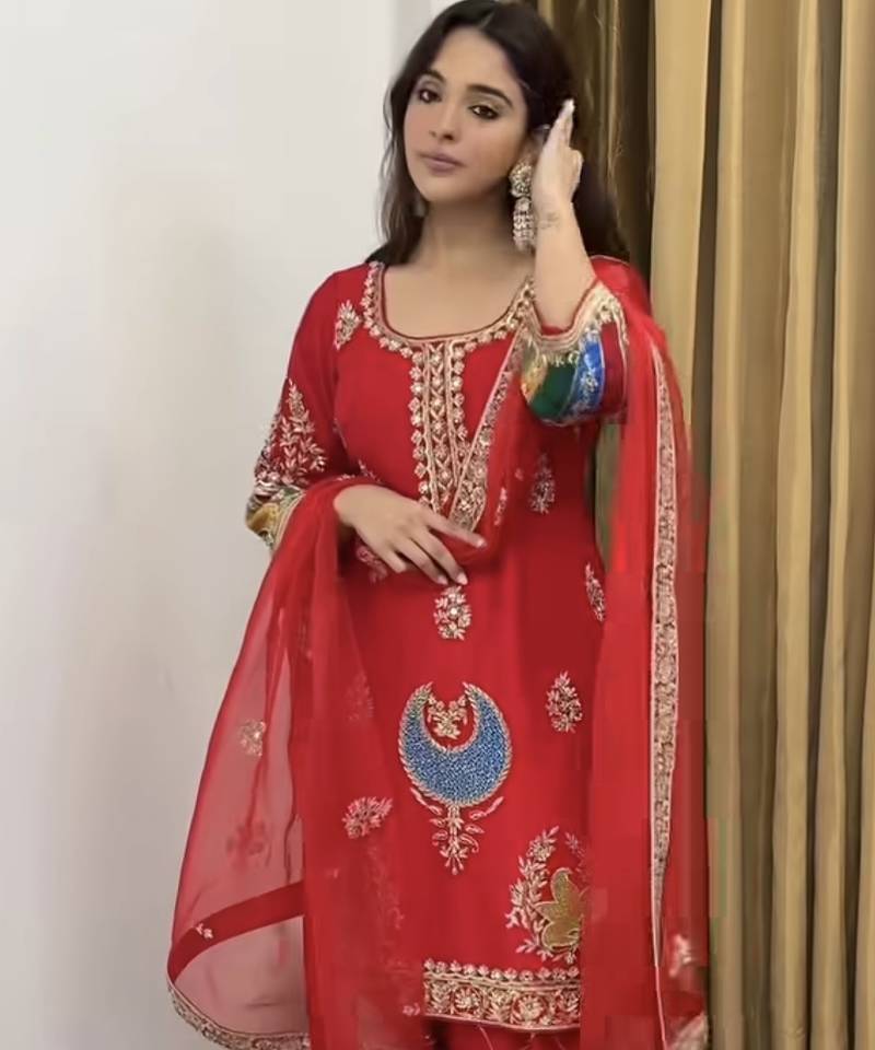 Red natural crep silk party wear embroidery suit set