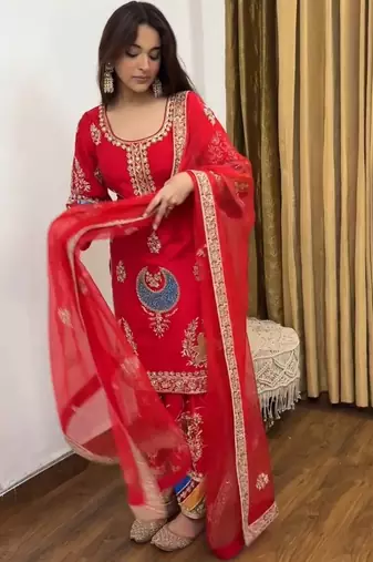 Red natural crep silk party wear embroidery suit set