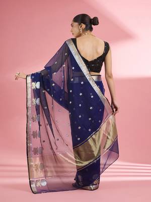 Dark blue premium kota doria silk saree with zari work 2